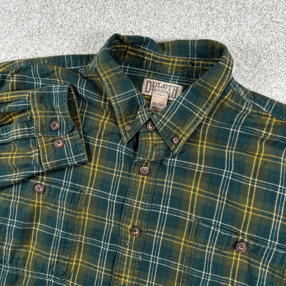 Duluth Trading Co Flannel Shirt Mens 3XL Tall Green Yellow Plaid Button Down